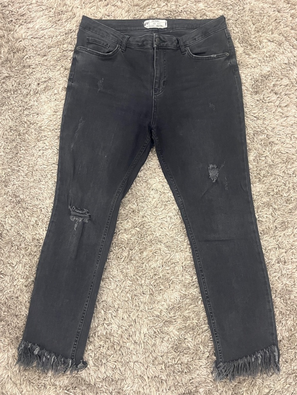 Free People Black Distressed Ankle Jeans with Frayed Hem